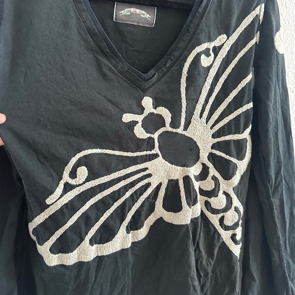 Till The End 90s Embroidered Butterfly V-Neck Long Sleeve Top Black Size Large - Picture 5 of 7